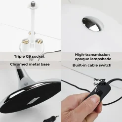 Lampe de table moderne MEDUSA avec 3 lumières, abatjour et base chromée, idéale pour chambre, salon et bureau G93