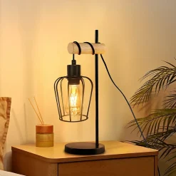 Lampe de table NETTLIFE salon lampe de table en bois vintage : lampe de chevet noire au en métal douille E27 sans ampoule