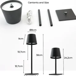 Lampe de Table Rechargeable Portable LED CCT 3000K4000K6000K en Aluminium, IP44, 15W, Tactile avec Intensité Réglable