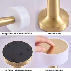 Lampe de Table Sans Fil, Lampe LED tactile rechargeable, Luminosité à 3 Niveaux pour Table Basses/Restaurants/Chambre