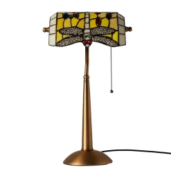 Lampe de table style Tiffany libellule en verre mosaïque jaune pour chambre, bureau et lecture E27