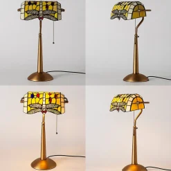 Lampe de table style Tiffany libellule en verre mosaïque jaune pour chambre, bureau et lecture E27
