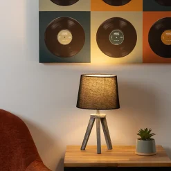 Lampe mini trépied - bois et noir H31 cm - Atmosphera