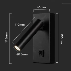 Lampe Murale 2W avec Interrupteur Noir - Blanc Neutre 4000K - 5500K - SILAMP