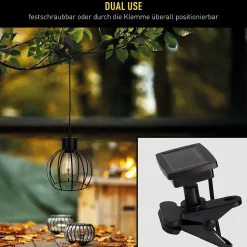 Lampe solaire / suspension 'Grid' en métal noir, D: 20 cm, ampoule fixe incluse, blanc chaud, pour l'extérieur