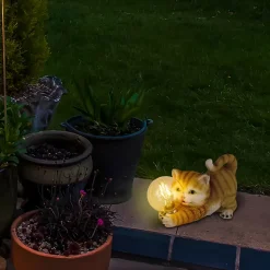 Lampe solaire d'extérieur LED 'Chat' 25 cm de long- Décoration d'extérieur en plastique brun avec LED intégrées