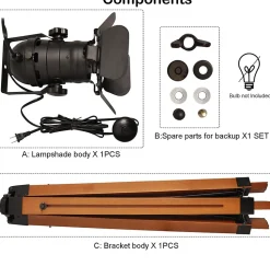 Lampe sur Pied Cinema Trépied Bois avec Projecteur Orientable Noir Style Rétro Industriel Marin pour SalonStudio E27