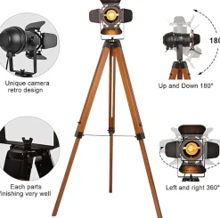Lampe sur Pied Cinema Trépied Bois avec Projecteur Orientable Noir Style Rétro Industriel Marin pour SalonStudio E27