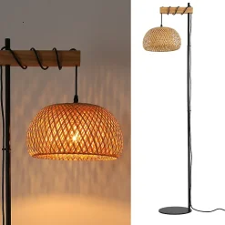 Lampe sur pied en bois et rotin avec abat-jour en bambou Ylva interrupteur au pied et design moderne pour salon ou cuisine E27