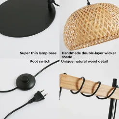 Lampe sur pied en bois et rotin avec abat-jour en bambou Ylva interrupteur au pied et design moderne pour salon ou cuisine E27