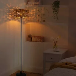 Lampe sur Pied en Rotin Tressée à la Main avec Interrupteur de Câble Douille E27 pour Salon et Chambre