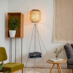Lampe sur pied trépied en aluminium avec abat-jour en bambou et diffuseur avec plateau pour salon chambre E27