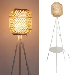 Lampe sur pied trépied en aluminium avec abat-jour en bambou et diffuseur avec plateau pour salon chambre E27