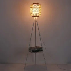 Lampe sur pied trépied en aluminium avec abat-jour en bambou et diffuseur avec plateau pour salon chambre E27