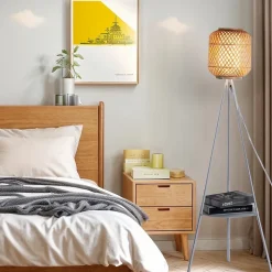 Lampe sur pied trépied en aluminium avec abat-jour en bambou et diffuseur avec plateau pour salon chambre E27