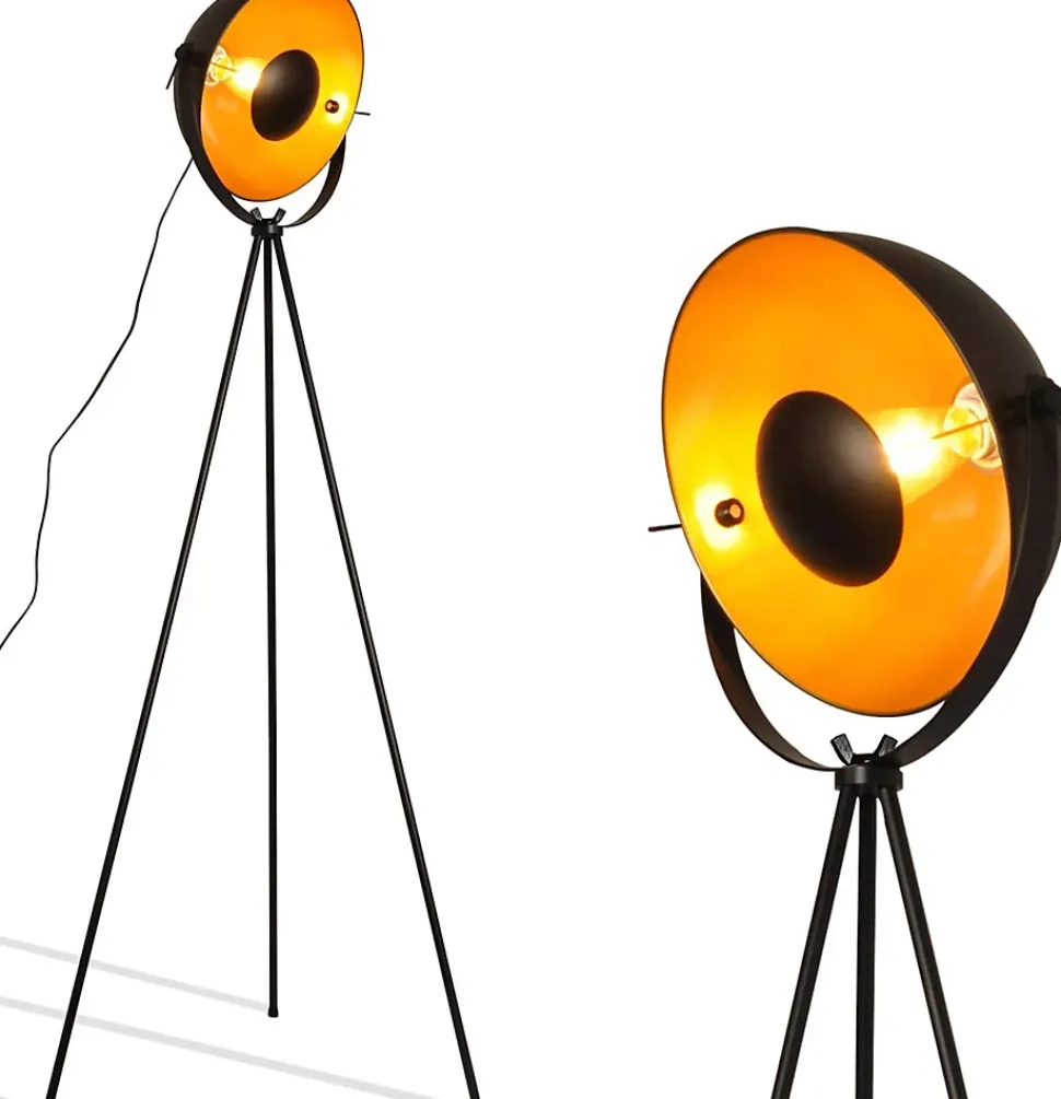 Lampe sur pied vintage avec trépied Bremen  Style industriel nordique avec abat-jour métallique doré et noir
