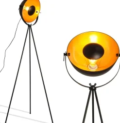 Lampe sur pied vintage avec trépied Bremen  Style industriel nordique avec abat-jour métallique doré et noir