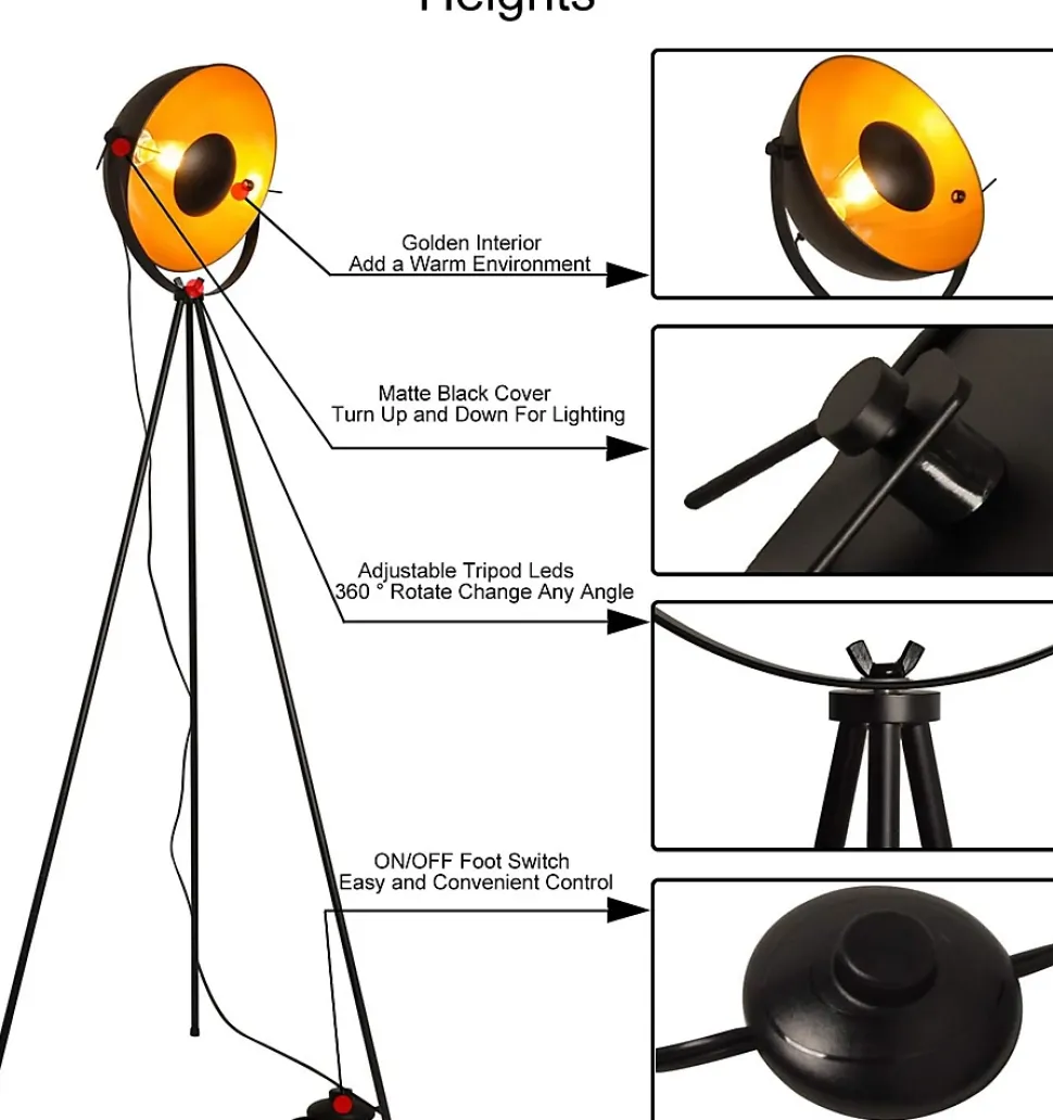 Lampe sur pied vintage avec trépied Bremen  Style industriel nordique avec abat-jour métallique doré et noir