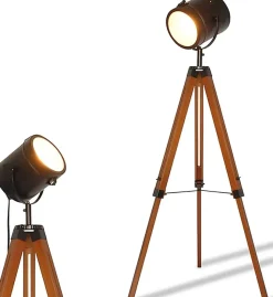 Lampe sur trépied cinéma en bois naturel tête orientable et hauteur réglable style vintage E27 pour salon et chambre