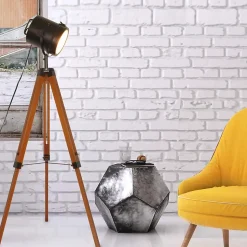 Lampe sur trépied cinéma en bois naturel tête orientable et hauteur réglable style vintage E27 pour salon et chambre