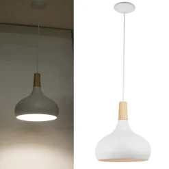 Lampe Suspendue en Métal Blanc et Bois Style Nordique pour Salon et Salle à Manger E27 26cm
