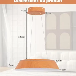 Lampe Suspension 21W LED Lumière Chaude 3000K Luminaire Moderne avec Grain de Bois et Cadre en Métal pour Chambre