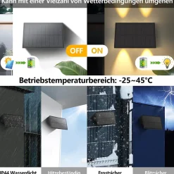 Lampes solaires NETTLIFE pour mur extérieur - 2 appliques solaires extérieures, éclairage extérieur, lumière blanche chaude