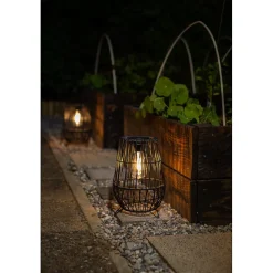 Lanterne solaire à poser imitation rotin- Hauteur 29,5cm- Diamètre 20,5cm- 2 LED COB filament blanc chaud- 20 Lumens