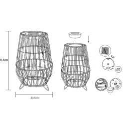 Lanterne solaire à poser imitation rotin- Hauteur 29,5cm- Diamètre 20,5cm- 2 LED COB filament blanc chaud- 20 Lumens
