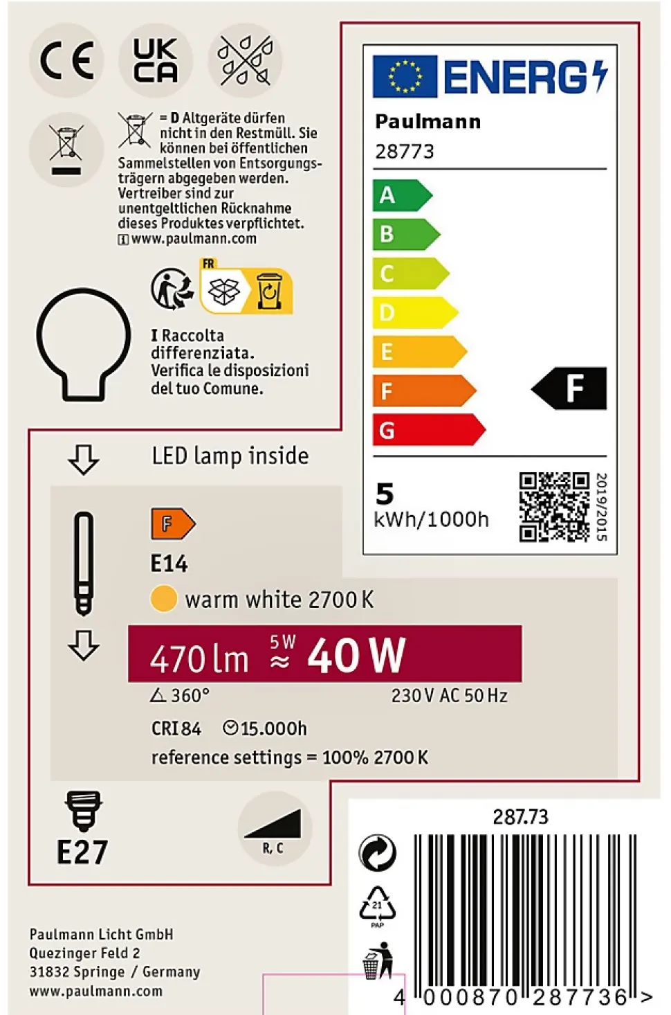 LED G95 Fantastic Colors 470lm E27 grd 2700K 230V