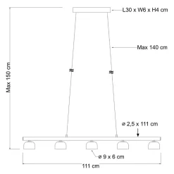 Longue suspension LED laiton avec 5 dômes en verre - Nysséa