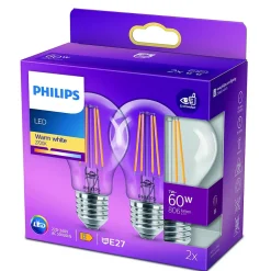 Lot 2 ampoules E27 A60 806lm 7W = 60W IP20 blanc chaud Philips