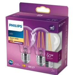 Lot 2 ampoules E27 A60 806lm 7W = 60W IP20 blanc chaud Philips