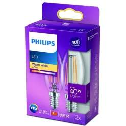 Lot 2 ampoules E14 (SES) flamme transparent 470lm 4.3W IP20 blanc chaud Philips