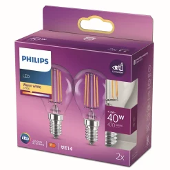 Lot 2 ampoules E14 (SES) standard transparent 470lm 4.3W IP20 blanc chaud Philips