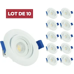 Lot de 10 - Spot LED encastrable orientable, 7W 3000K Blanc chaud transformateur intégré pour plafond