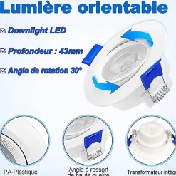 Lot de 20 - Spot LED encastrable orientable, 7W 6000K Blanc froid transformateur intégré pour plafond