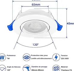 Lot de 10 - Spot LED encastrable orientable, 7W 6000K Blanc froid transformateur intégré pour plafond