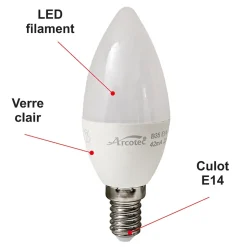 Lot de 10 ampoules LED E14 flamme 4,9W 470Lm 3000K - garantie 2 ans