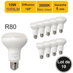 Lot de 10 ampoules LED E27 R80 10W (équiv. 75W) 1055Lm 3000K - garantie 5 ans