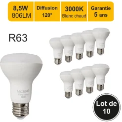 Lot de 10 ampoules LED E27 R63 8,5W (équiv. 60W) 806Lm 3000K - garantie 5 ans