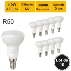 Lot de 10 ampoules LED E14 R50 4,9W (équiv. 40W) 470Lm 3000K - garantie 5 ans