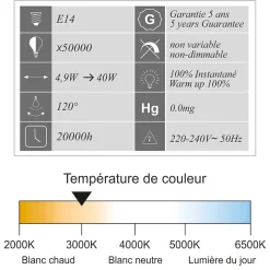 Lot de 10 ampoules LED E14 R50 4,9W (équiv. 40W) 470Lm 3000K - garantie 5 ans