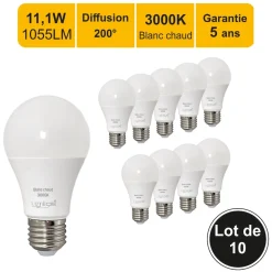 Lot de 10 ampoules LED E27 11,1W 1055Lm 3000K - garantie 5 ans