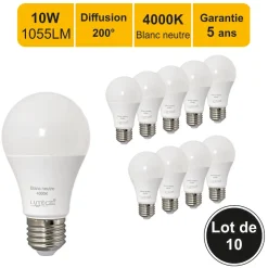 Lot de 10 ampoules LED E27 11.1W 1055Lm 4000K - garantie 5 ans