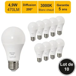 Lot de 10 ampoules LED E27 4,9W 470Lm 3000K - garantie 5 ans