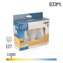 Lot de 3 Ampoules LED E27 10W Ronde A60 équivalent à 60W - Blanc Chaud 3200K