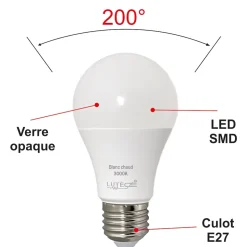 Lot de 10 ampoules LED E27 7,4W 650Lm 3000K - garantie 5 ans