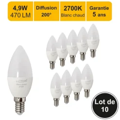 Lot de 10 ampoules LED E14 4,9W 470Lm 2700K - garantie 5 ans