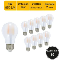 Lot de 10 ampoules LED filament E27 8W (équiv. 80w) 950Lm 2700K - garantie 2 ans